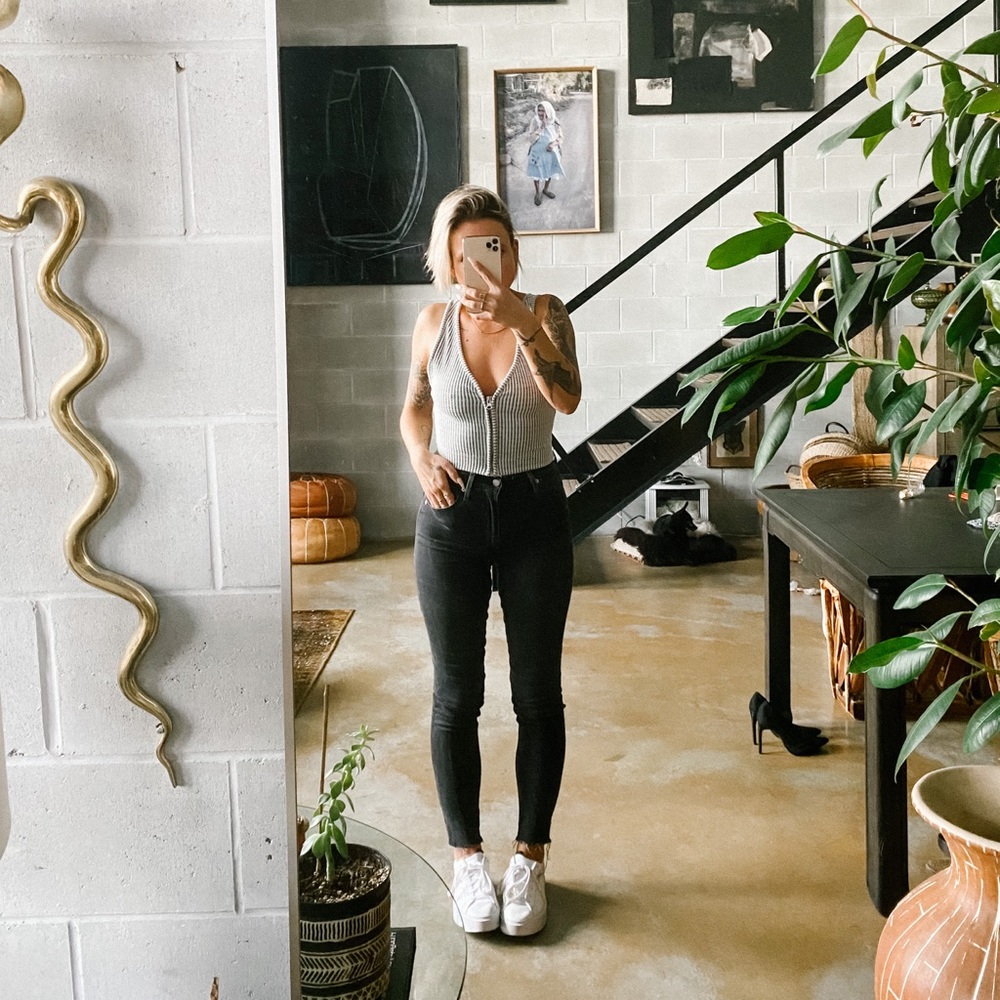 Grey and black ribbed full zip cropped tank from Zara